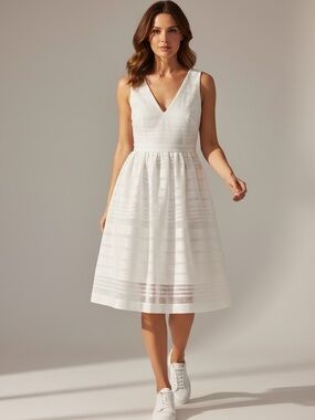 Kate Spade White Ribbon Organza V-Neck Sleeveless Fit & Flare Knee Length Dress